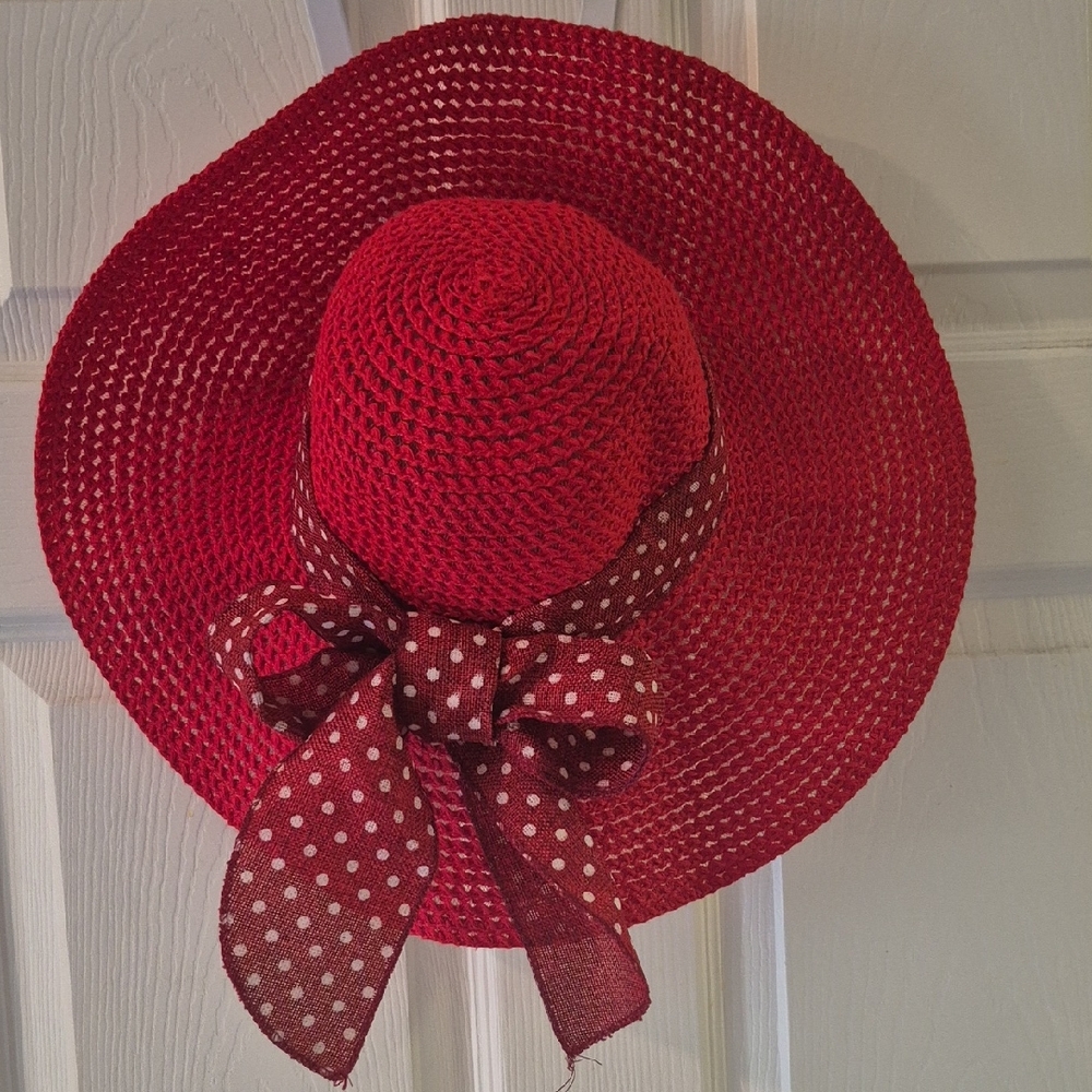 Elegant Red Women's Hat with Polka Dot Bow